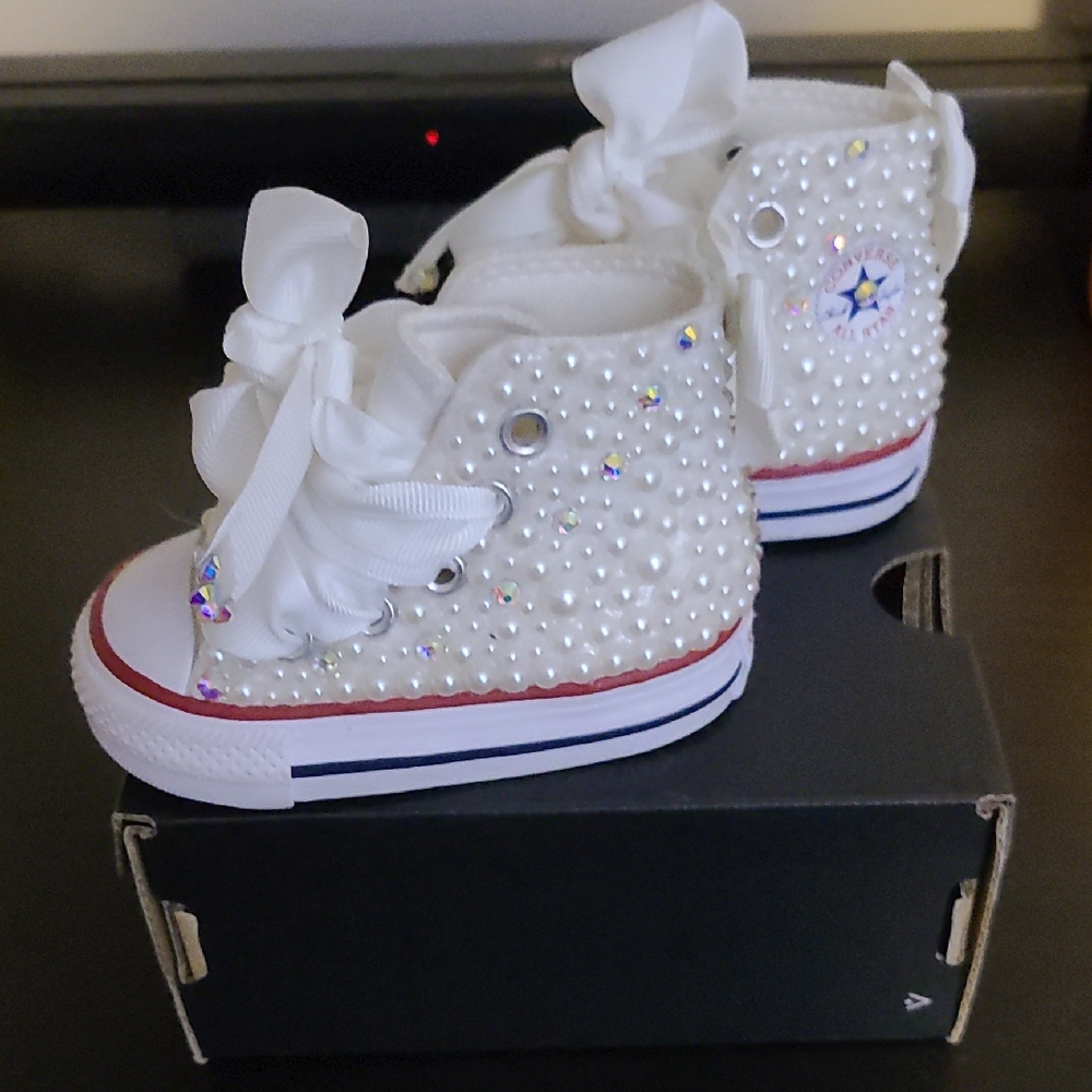 Converse Kids White Sneakers with Pearls and Ribbon